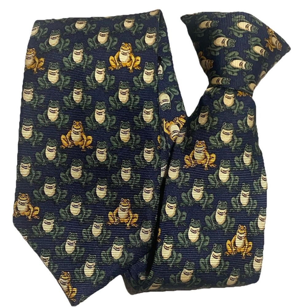 Clip On Boy's Silk Neck Tie Navy Frogs Green Gold Prince Frog Easter Outfit